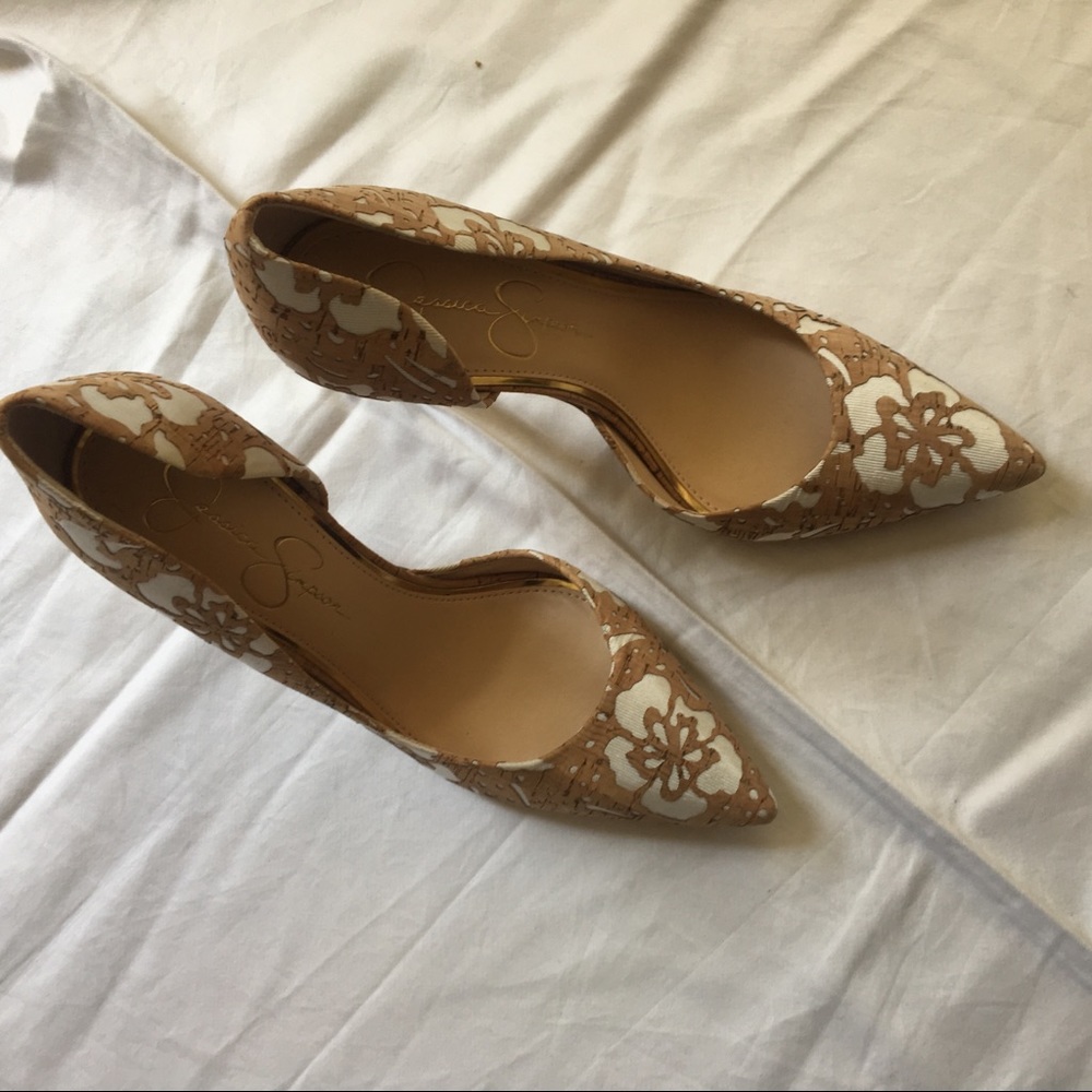 Jessica Simpson Tan and White Floral Pointed Toe Heels